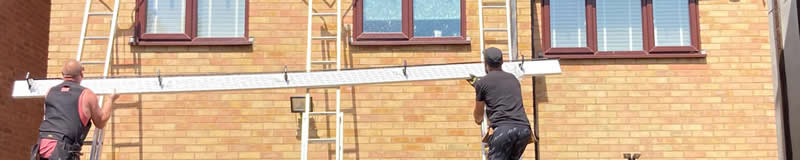 Old rotten fascias and soffits removed from the main house and extension, then replaced with new white uPVC and black guttering, all completed in one day...