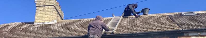 Ridge tiles rebedded and repointed, chimney stack repaired and broken tiles replaced, along with a full gutter clear on a property in Chesterton